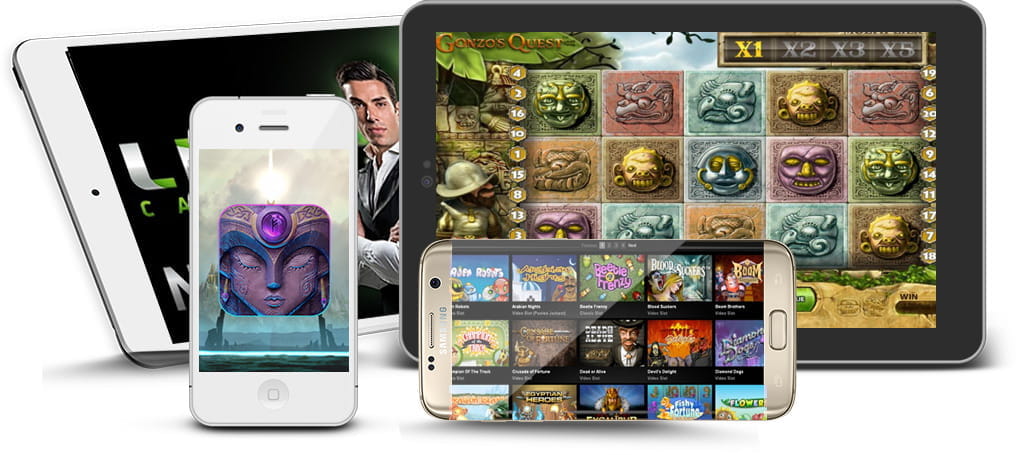 Vier mobile Geräte (zwei Handys im Vordergrund und zwei Fodo-Tablets) mit einem Spiel Gonzo's Quest, Asgardian Stones, dem NetEnt Slots-Katalog in einem Casino und einem Händler.