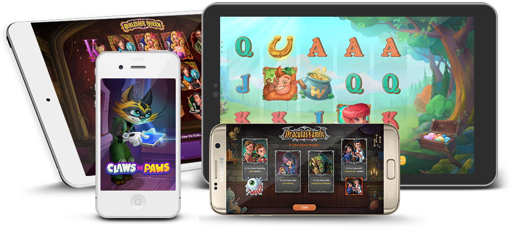 Verschiedene mobile Geräte mit Playson-Slots auf dem Bildschirm.