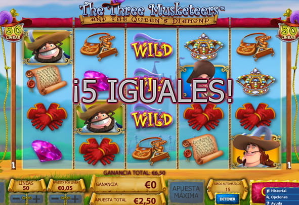 Pantalla principal de la slot The Three Musketeers and the Queen's Diamond con cinco figuras iguales.