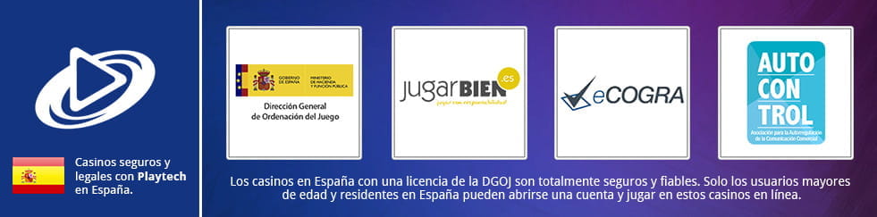 Eine Infografik mit dem Playtech-Logo auf der linken Seite. Rechts die Logos der drei Stellen, die dafür verantwortlich sind, dass Casino in der Schweiz legal und sicher sind, und des unabhängigen Selbstregulierungsverbandes der Werbewirtschaft.