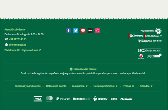 Fußzeile der spanischen Version des paf Casino, mit dem eCOGRA Logo rot markiert.