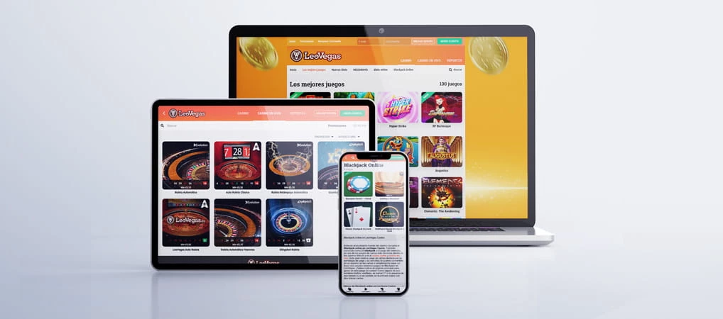 Collage mit zwei Tablets und zwei Mobiltelefonen mit verschiedenen Abschnitten (Spiele, Werbeaktionen) auf den Bildschirmen.