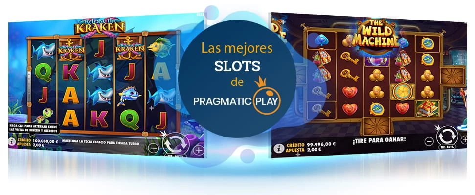 Bildschirme von Pragmatic Play's The Wild Machine und Release the Kraken Slots für das Online Casino.