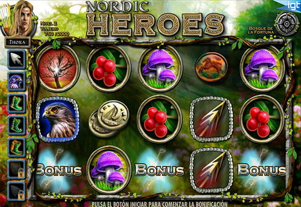 Partida a la slot Nordic Heroes. En sus cinco tambores aparecen símbolos importantes como la flecha, las bayas y las setas, así como la fase de bono aparece activada.