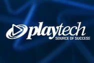 Playtech Logo auf blauem Hintergrund.