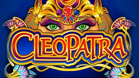 Das Gesicht von Kleopatra mit einer goldenen Krone mit Edelsteinen. Der Bereich von Mund und Nase ist mit dem Namen des Schlitzes bedeckt, in roten Buchstaben mit gelbem Rand auf blauem Grund und Blumen an den Enden.