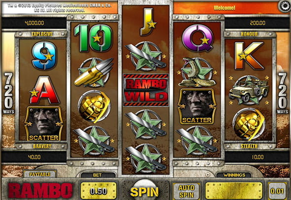 Portada de la tragaperras Rambo para jugar online por dinero real y gratis en Casino online de Switzerland con sus cinco rodillos y tres filas.