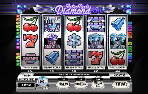 Microgaming Retro-Rollen Diamant-Glitz-Slot-Spiel-Bildschirm.