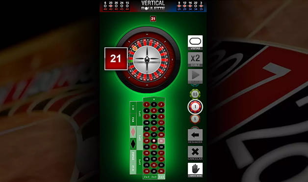 Una partida a la ruleta vertical. El paño está dispuesto de forma vertical.
