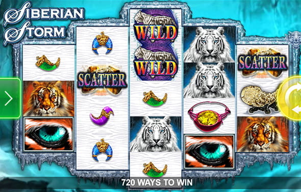 Cover des Siberian Storm Slots mit seinen speziellen Symbolen auf drei Reihen und fünf Walzen.