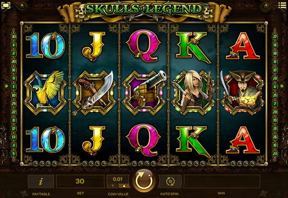 Tablero principal de la slot Skulls of Legend de la empresa iSoftBet con sus cinco rodillos y tres filas.