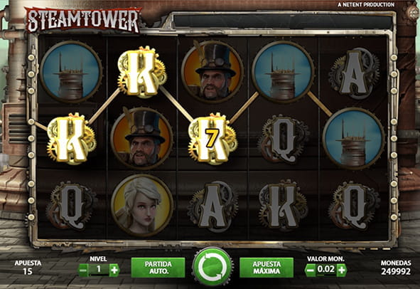 Partida a la slot Steam Tower de NetEnt. En los tambores aparecen algunos de los símbolos principales y una combinación ganadora.