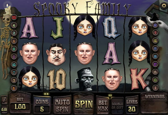 Der Spielbildschirm des Spooky Family Slots von iSoftBet, auf dem die Hauptsymbole der Familie erscheinen, aus der der Slot besteht.