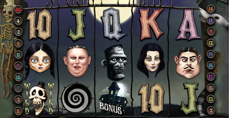 Hauptplatine des von iSoftBet entwickelten Slots, Spooky Family, mit fünf Knien und drei Reihen für das Schweizer Online Casino.