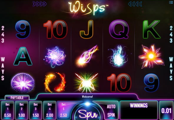 Die Hauptplatine des von iSoftBet entwickelten Wisps-Slots mit fünf Walzen und drei Reihen.