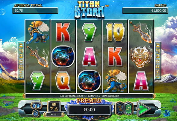 Partida de la tragaperras Titan Storm con cinco rodillos y tres filas.