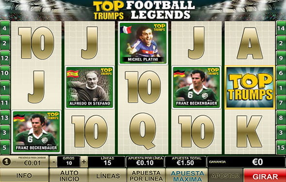 Der Spielbildschirm des Top Trumps Football Legends Slots von Playtech. Sie sehen mehrere zufällige Symbole, die über die Walzen verteilt sind.
