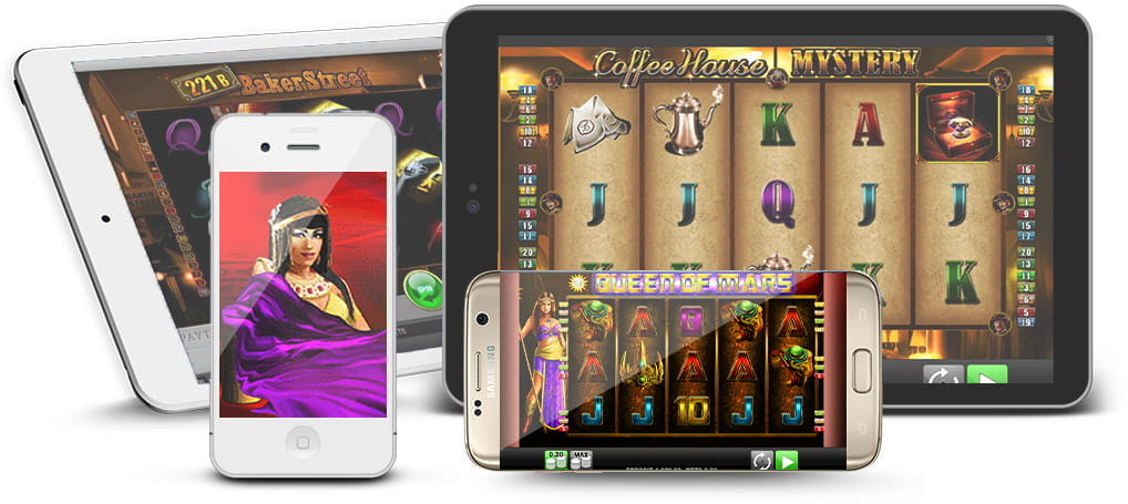 Mehrere Handys und Tablets mit Casino-Slots von Merkur Gaming.