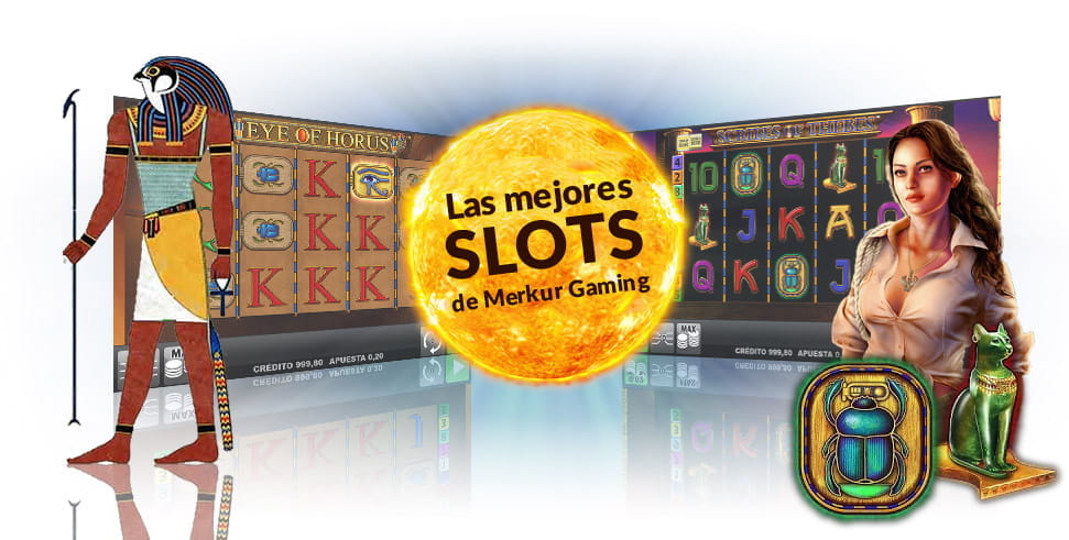 Bildschirm der Merkur Gaming Slots Eyes of Horus und Scribes of Thebes.